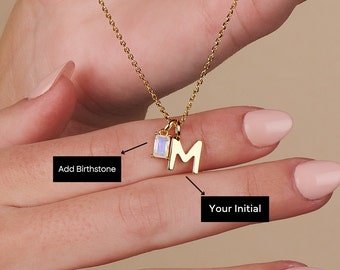 Custom Initial Letter and Genuine Birthstone Charm Necklace for New Mom, Bridesmaid Birthday Gift Set for Her