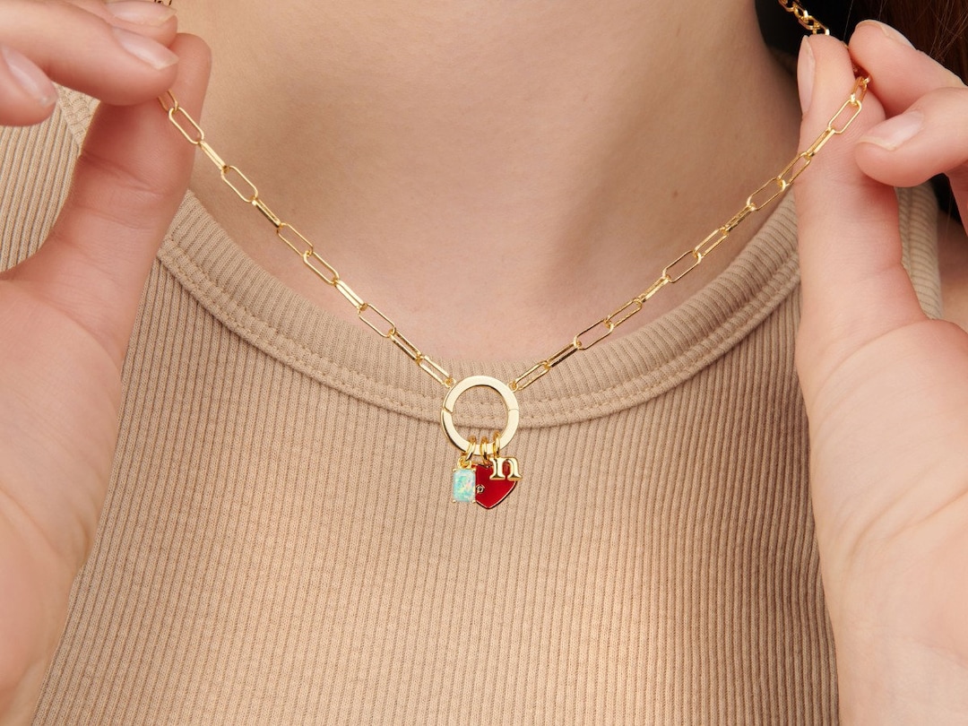 Circle Charm Holder Pendant Paperclip Link Necklace, Push Lock Front