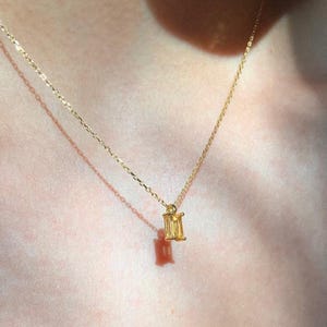 Tiny Citrine November Birthstone Gifts Necklace: 14K Gold Plated over Silver Baguette Pendant