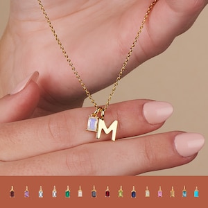 June Birthstone Initial Necklace: 14k Gold Plated Personalized Birthstone Letter Charm