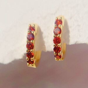 Garnet Paved Cartilage Gold Huggies, 12mm Dainty Garnet Huggie Hoop Earrings, Small January Birthstone Hoops Gift For Her