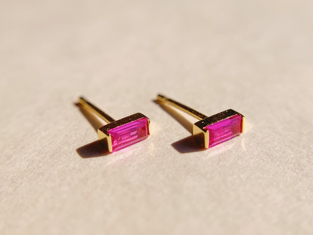 Small Ruby Baguette Gold Stud Earrings for Her, July Birthstone Studs ...