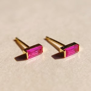 Small Ruby Baguette Gold Stud earrings for her, July Birthstone Studs, Tiny gemstone stud earrings, Gifts for mom