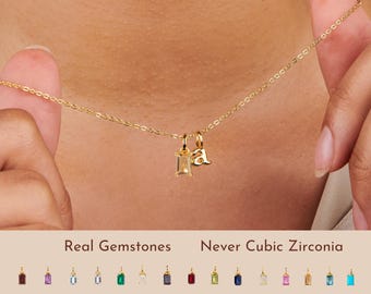 November Birthstone Citrine Initial Necklace: 14k Gold Plated, Letter with Baguette Charm
