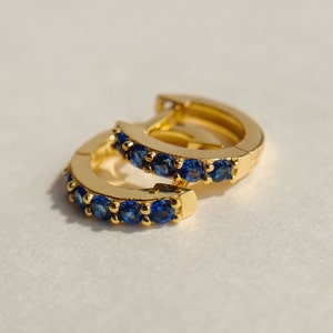 Sapphire Huggie Hoop Earrings, September Birthstone Hoops, Deep Blue Gemstone 14k Gold Plated Earrings, Birthday Gifts for her