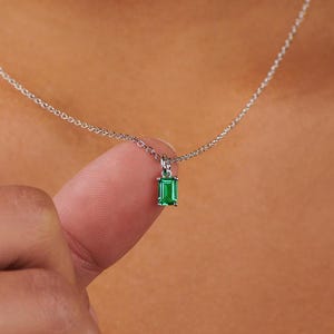 Tiny Emerald Sterling Silver Necklace: May Birthstone Baguette Pendant