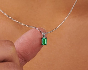 Tiny Emerald Sterling Silver Necklace: May Birthstone Baguette Pendant