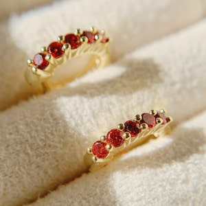 Garnet Huggie Hoop Earrings, January Birthstone Hoops, Red Gemstone 14k Gold Plated Earrings, Birthday Gifts for her