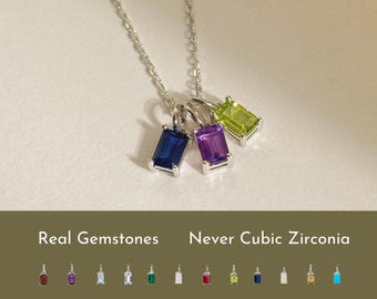 Custom Three Birthstone Sterling Silver Necklace: Family Birthstone Pendants For Mom