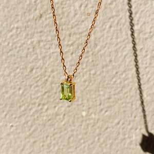 Tiny Peridot Baguette Necklace, August Birthstone 14K Gold Filled Pendant Necklace, Dainty Peridot Pendant Necklace For Her