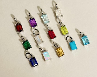 Sterling Silver Baguette Birthstone Charm: Personalized Gemstone Pendant