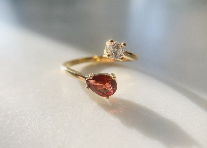 Garnet Stacking Rose Gold Ring, Natural Garnet Two Stone Adjustable Ring, January Birthstone Ring, Garnet Open Ring image 5