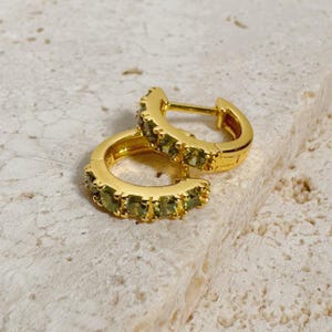Peridot Huggie Hoop Earrings, August Birthstone Hoops, Small Green Gemstone 14k Gold Plated Earrings, Birthday Gifts for her