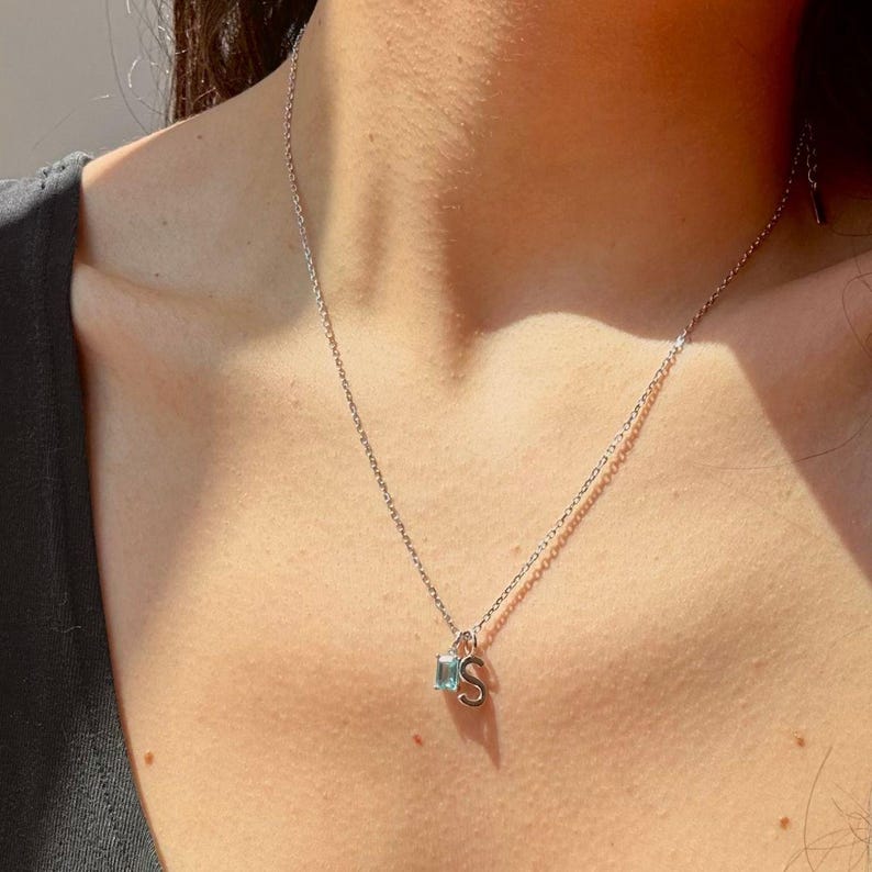 Sterling Silver Initial Birthstone Charm Necklace: Personalized Family Necklace
