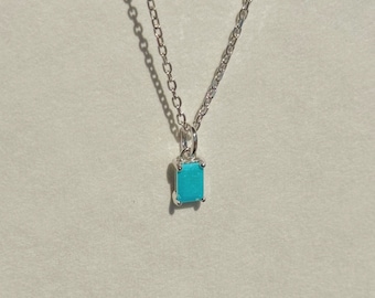 Tiny Turquoise Baguette Silver Necklace, Dainty December Birthstone Sterling Silver Pendant Necklace, Personalized Gifts For Her and Mom