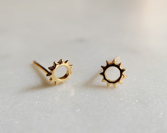 Sun Stud Earrings, Sunburst stud earrings, Celestial Stud Earrings, Moon and sun earrings, Tiny dainty gold studs, 14K Gold plated studs