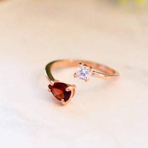 Garnet Stacking Rose Gold Ring, Natural Garnet Two Stone Adjustable Ring, January Birthstone Ring, Garnet Open Ring Rose gold