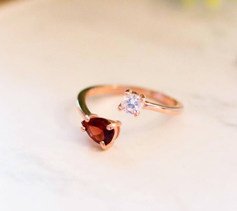 Garnet Stacking Rose Gold Ring, Natural Garnet Two Stone Adjustable Ring, January Birthstone Ring, Garnet Open Ring Rose gold