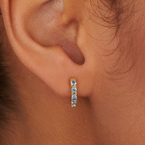 Tiny Aquamarine Huggie Earrings, March Birthstone Hoops, Gold Cartilage Earrings, Small Earrings for her and Mom