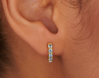Aquamarine Huggie Earrings: Gold Cartilage Hoops, March Birthstone