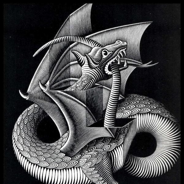 MC Escher Print, Escher Art, "Dragon", Circa 1952, Vintage Print, Book Plate Page, Fantasy Illustration, Ready To Frame