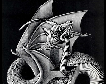 MC Escher Print, Escher Art, "Dragon", Circa 1952, Vintage Print, Book Plate Page, Fantasy Illustration, Ready To Frame