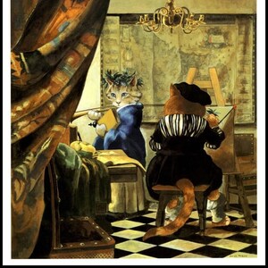 Vintage Cat Art, Vermeer Spoof by Susan Herbert 1994, Original Book Plate Print, Ready To Frame