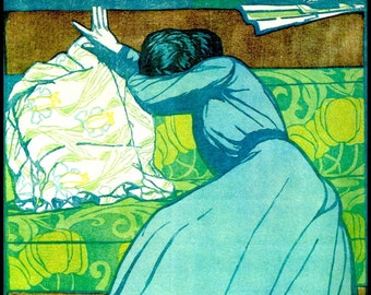 Art Nouveau Print - Max Kurzwell, The Cushion (Martha Kurzwell Seated On A Divan), Circa 1903, Woodcut Ready For Framing