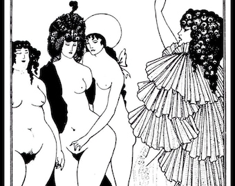 Erotic Art, Nude Print, Erotic Nudity, Aubrey Beardsley, Black and White, Female Nudity, Erotic Drawing, Illustration, Art Nouveau, Fantasy