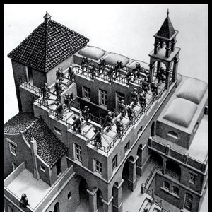 MC Escher Print, Escher Art, &quot;Ascending and Descending&quot;, Circa 1960, Vintage Print, Book Plate Page, Fantasy Illustration, Ready To Frame