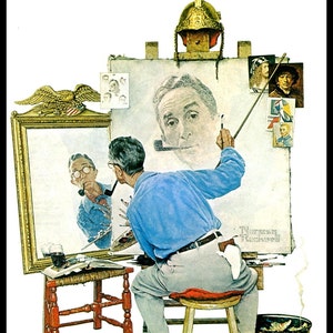 Norman Rockwell Print, &quot;Triple Self Portrait&quot;, Original Painting For Post Cover February 13, 1960,  Vintage Book Page Print