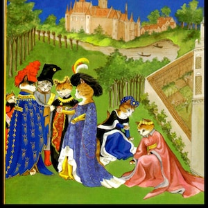 Cat Art Print, Limbourg Gothic Art Spoof by Susan Herbert 1994, Original Book Plate Print, Professionally Matted 8 x 10, Ready To Frame