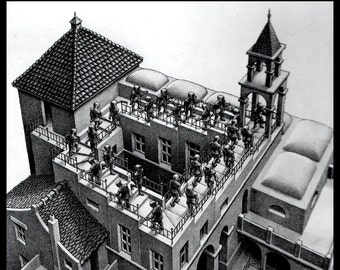 MC Escher Print, Escher Art, "Ascending and Descending", Circa 1960, Vintage Print, Book Plate Page, Fantasy Illustration, Ready To Frame