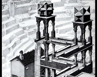 MC Escher Print, Escher Art, "Waterfall", Circa 1961, Vintage Print, Book Plate Page, Fantasy Illustration, Ready To Frame