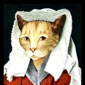Cat Art Painting, Cat Print, Jan van Eyck Spoof by Susan Herbert 1994, Original Book Plate Print, Professionally Matted 8 x 10