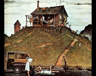 Norman Rockwell Print, "Fixing A Flat", Circa 1946, Original Vintage Book Page Print, Post Cover