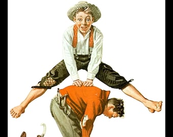Norman Rockwell Print, "Leapfrog", Circa 1919, Original Vintage Book Page Print, Professionally Matted 11x14, Ready To Frame