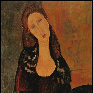 May include: A painting of a woman with long dark hair wearing a black dress with a white patterned collar. The woman has a pale complexion and blue eyes. The background is a warm orange color.