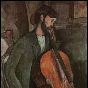 May include: A man in a dark green jacket plays a cello. The cello is brown with a dark brown bow. The man is sitting in a dimly lit room.