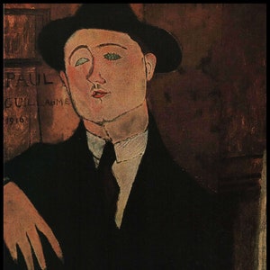 May include: A painting of a man wearing a black hat and suit. The man has a light complexion and green eyes. The painting is done in a cubist style, with sharp lines and geometric shapes. The background is a dark brown color.