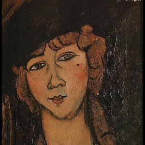 May include: A painting of a woman with dark hair and a black hat. She is wearing a dark dress and has a rose in her hair. The painting is done in a style that is reminiscent of Impressionism.