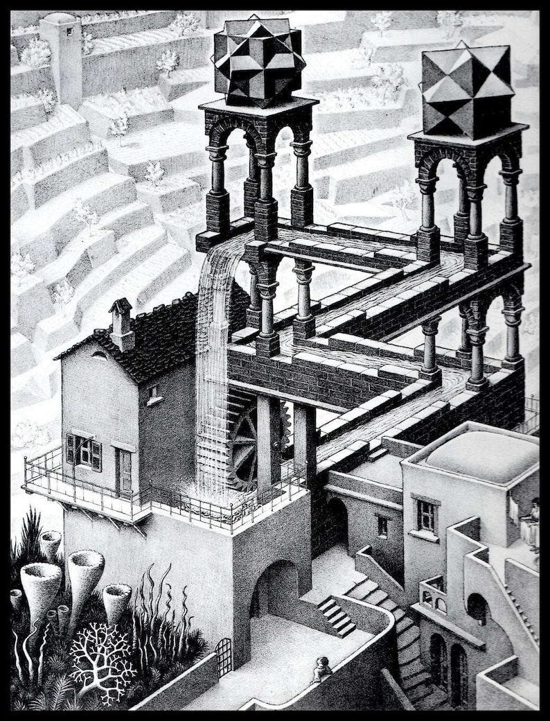 MC Escher Print, Escher Art, Waterfall, Circa 1961, Vintage Print, Book Plate Page, Fantasy Illustration, Ready To Frame image 1