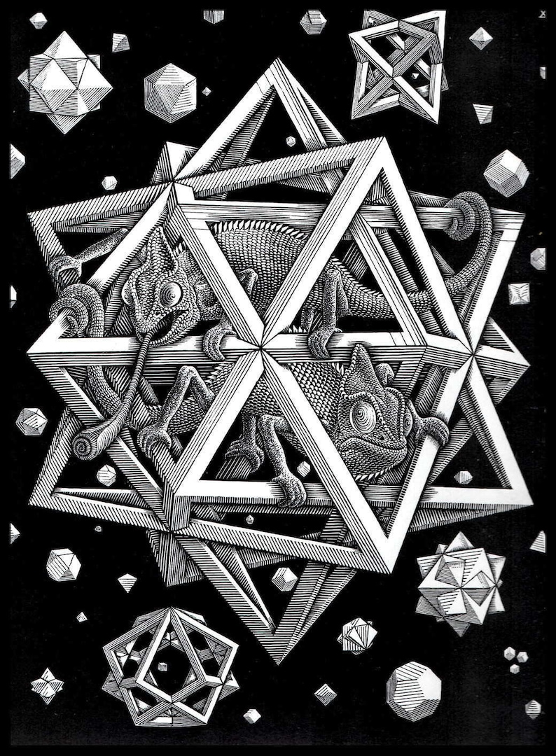 MC Escher stampa, Escher arte, Stelle, Circa 1948, stampa Vintage, libro piastra pagina, Fantasy illustrazione, pronto al telaio immagine 1