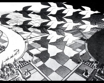 MC Escher Print, Escher Art, "Day and Night", Circa 1938, Vintage Print, Book Plate Page, Fantasy Illustration, Ready To Frame