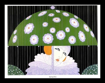 Erte Print, 'Spring Rain', Original Vintage Art Print, Ready To Frame, Highly Decorative