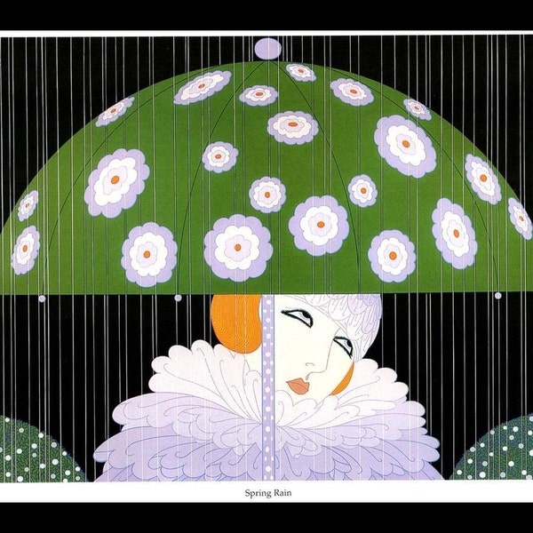 Erte Print, 'Spring Rain', Original Vintage Art Print, Ready To Frame, Highly Decorative