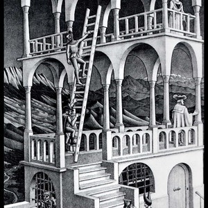 MC Escher Print, Escher Art,&quot;Belvedere&quot;, Circa 1958, Vintage Print, Book Plate Page, Fantasy Illustration, Ready To Frame