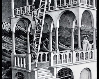 MC Escher Print, Escher Art,"Belvedere", Circa 1958, Vintage Print, Book Plate Page, Fantasy Illustration, Ready To Frame