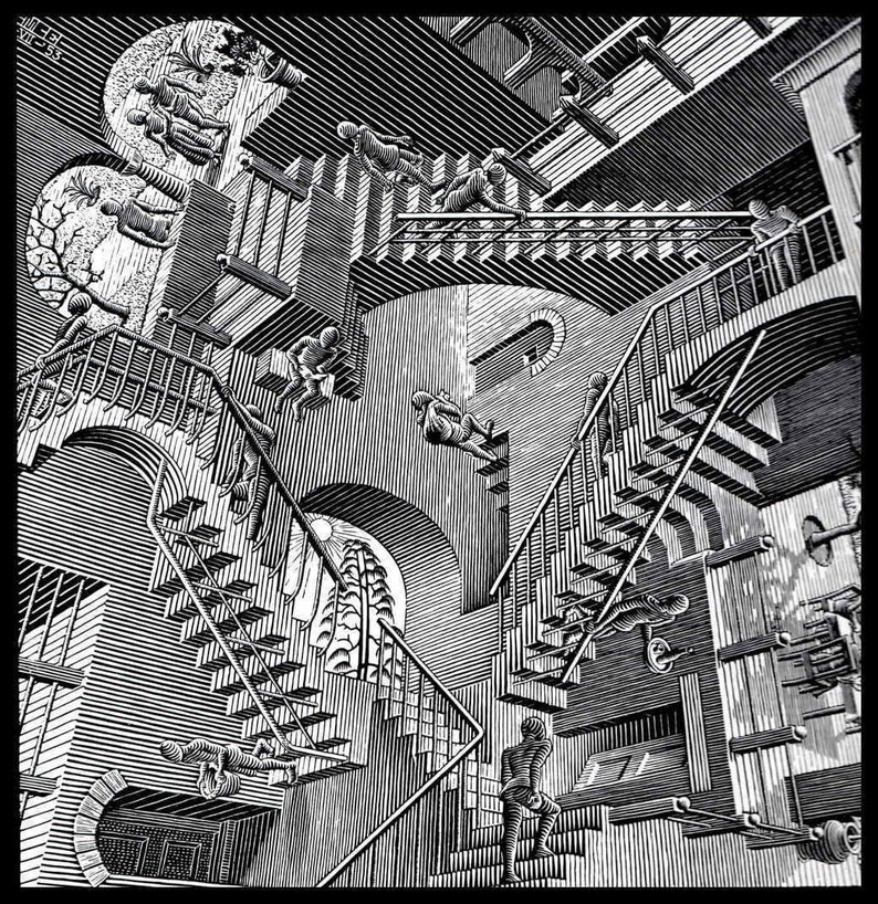 MC Escher Print, Escher Art, Relativity, Circa 1953, Vintage Print, Book Plate Page, Fantasy Illustration, Ready To Frame image 1
