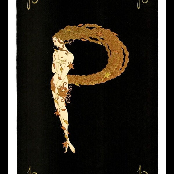 Erte Print, Alphabet Series "P", Original Vintage Art Print, Ready To Frame, Highly Decorative